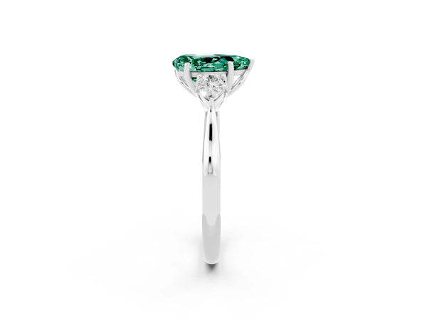 Platinum Three-Stone Pear Cut Green Sapphire Ring with Pear  Side Stones in Four-Prong Setting