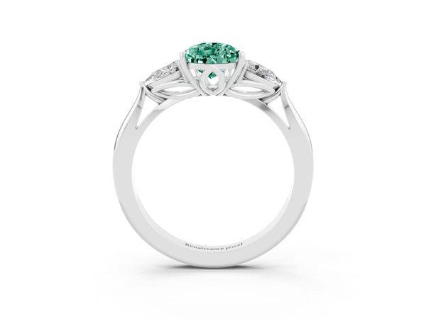 Platinum Three-Stone Pear Cut Green Sapphire Ring with Pear  Side Stones in Four-Prong Setting