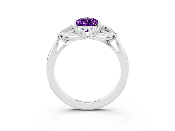 Silver Three-Stone Pear Cut Amethyst Ring with Pear  Side Stones in Four-Prong Setting