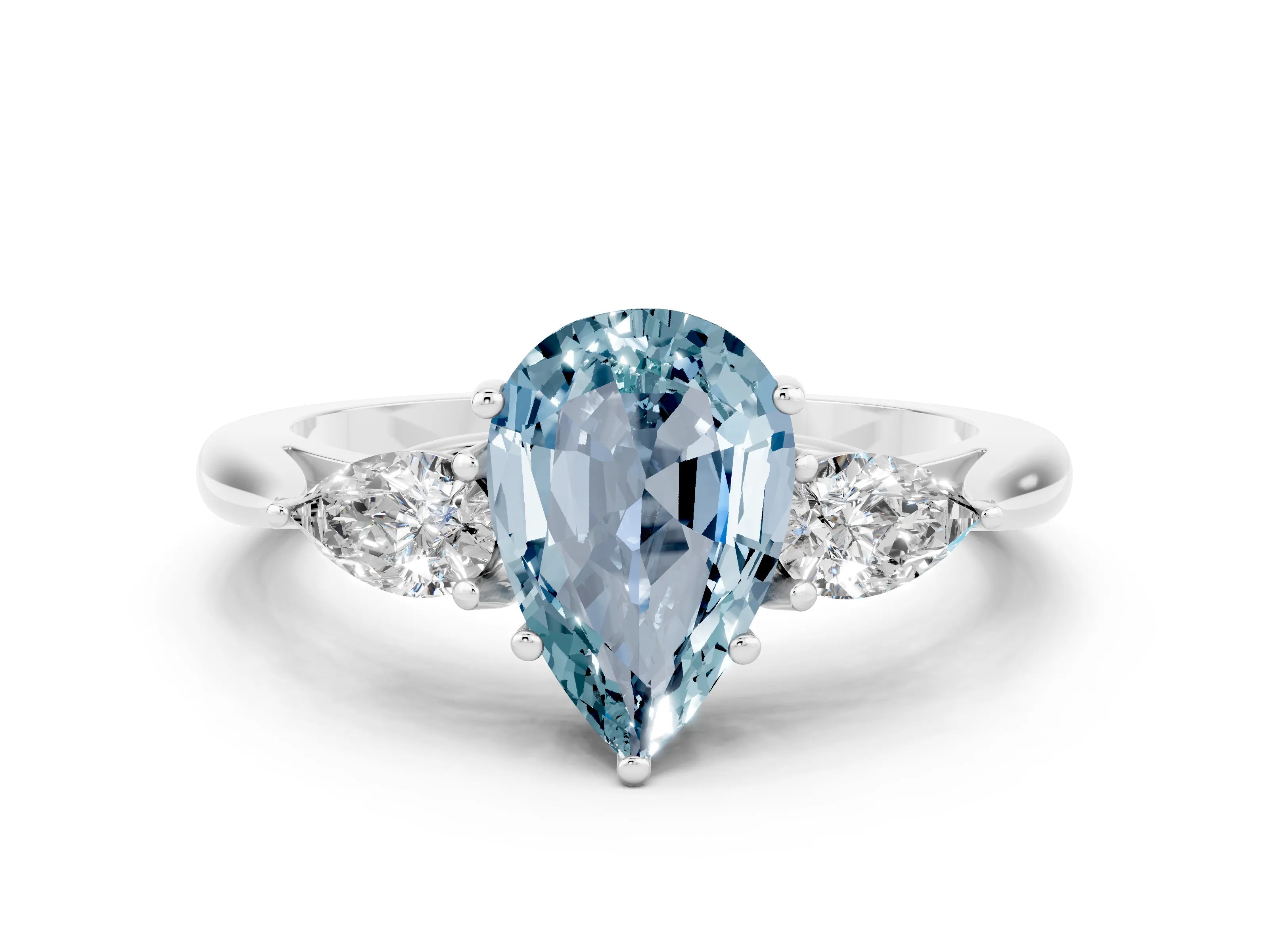 White gold Three-Stone Pear Cut Cut Diamond Ring with Pear Side Stones in Four-Prong Setting