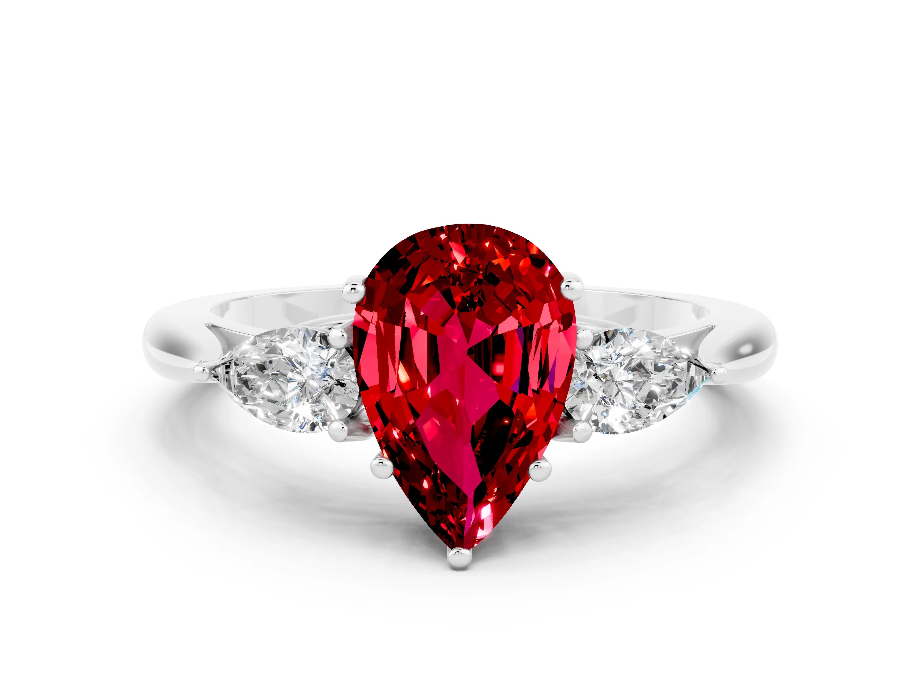 White gold Three-Stone Pear Cut Cut Diamond Ring with Pear Side Stones in Four-Prong Setting