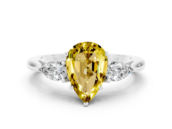 Platinum Three-Stone Pear Cut Yellow Sapphire Ring with Pear  Side Stones in Four-Prong Setting