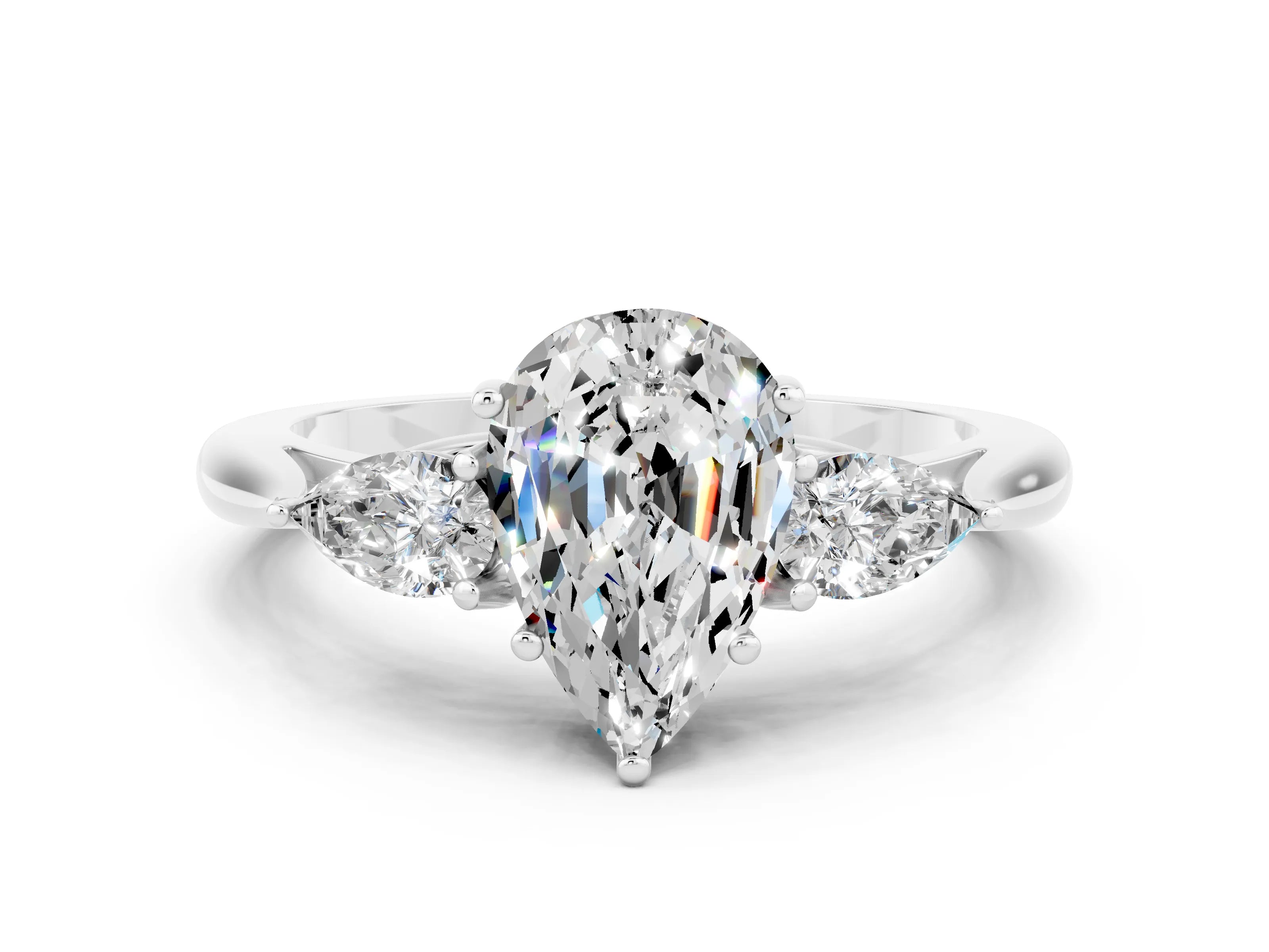 White gold Three-Stone Pear Cut Cut Diamond Ring with Pear Side Stones in Four-Prong Setting