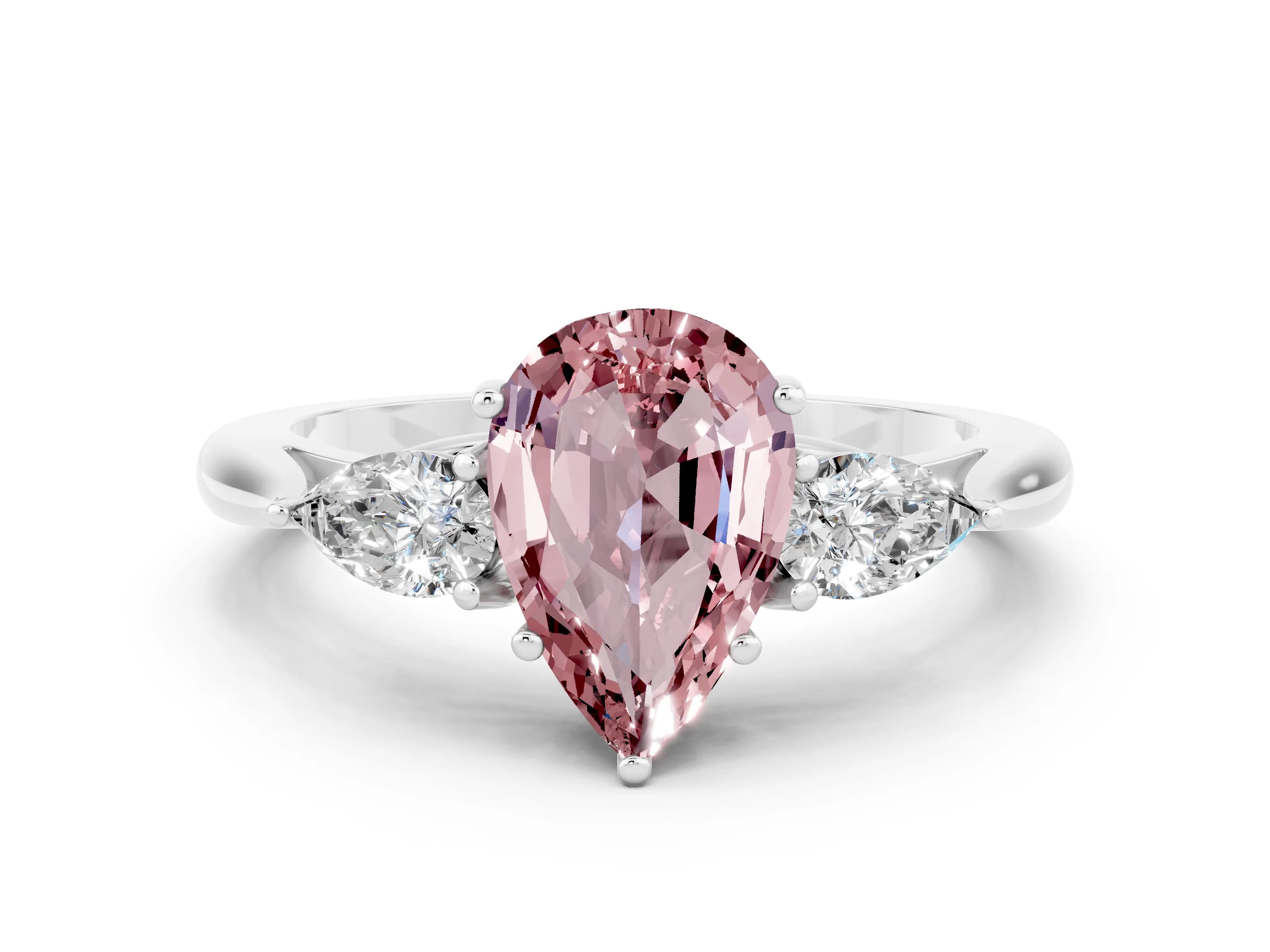 White gold Three-Stone Pear Cut Cut Diamond Ring with Pear Side Stones in Four-Prong Setting