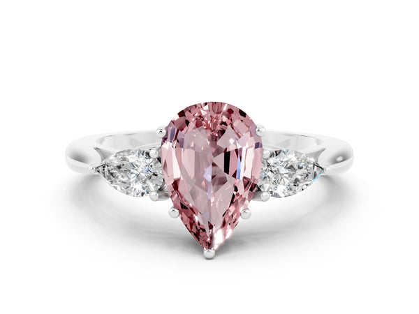 Silver Three-Stone Pear Cut Cut Diamond Ring with Pear Side Stones in Four-Prong Setting