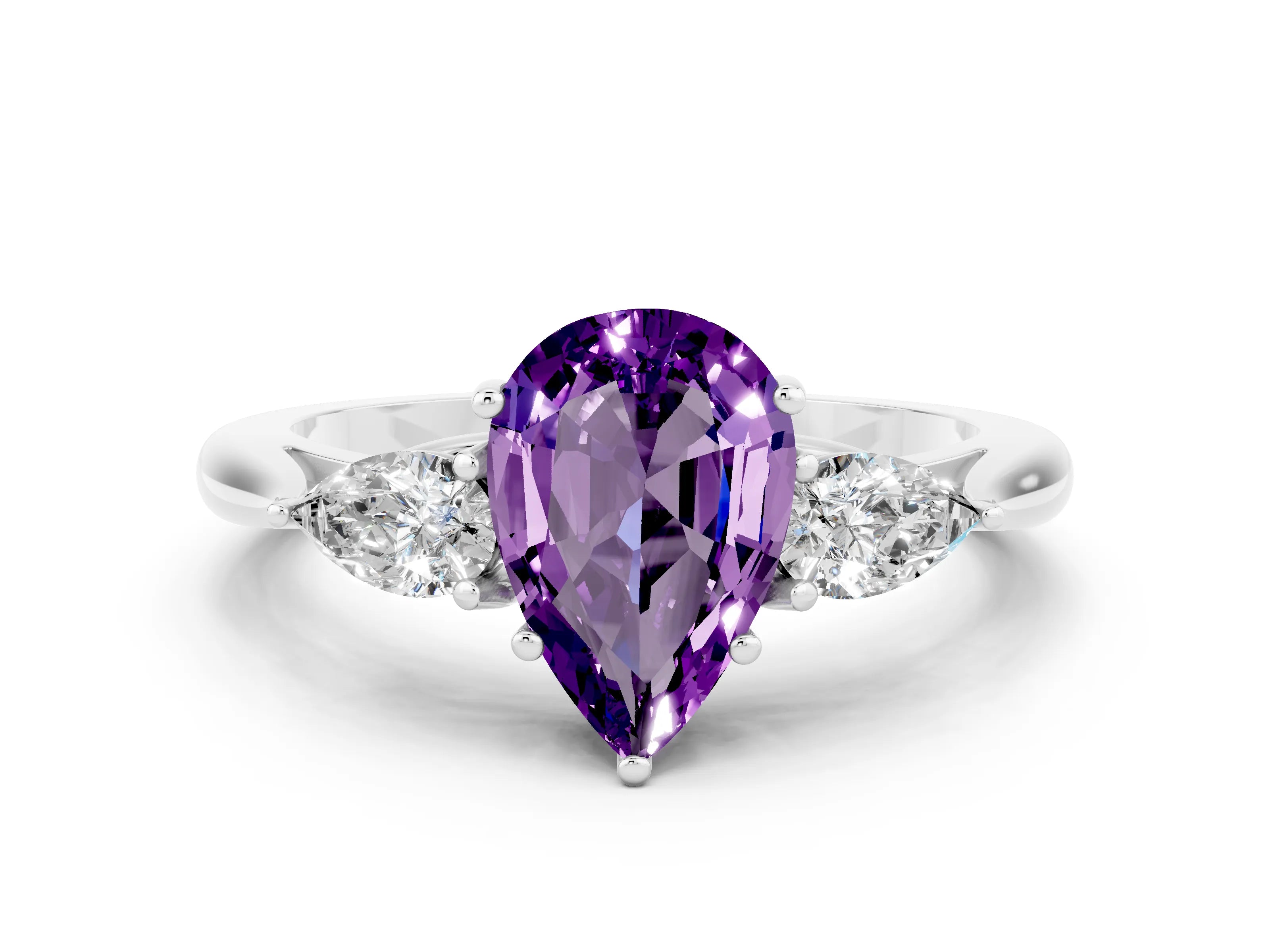 White gold Three-Stone Pear Cut Cut Diamond Ring with Pear Side Stones in Four-Prong Setting
