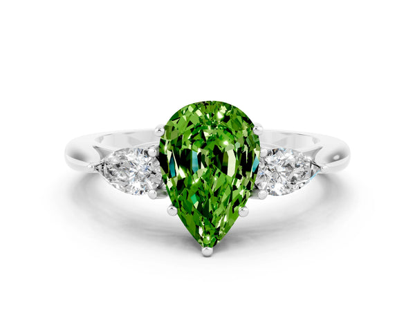 Silver Three-Stone Pear Cut Cut Diamond Ring with Pear Side Stones in Four-Prong Setting