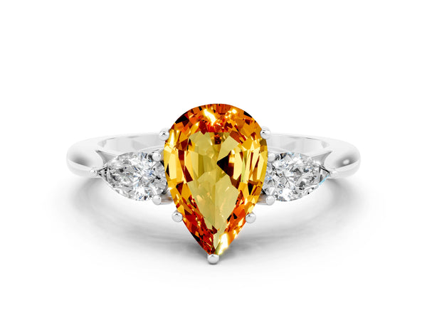 White gold Three-Stone Pear Cut Citrine Ring with Pear  Side Stones in Four-Prong Setting