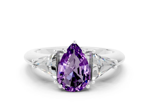 White gold Three-Stone Pear Cut Amethyst Engagement Ring with Trillion Side Stones and Prong Setting