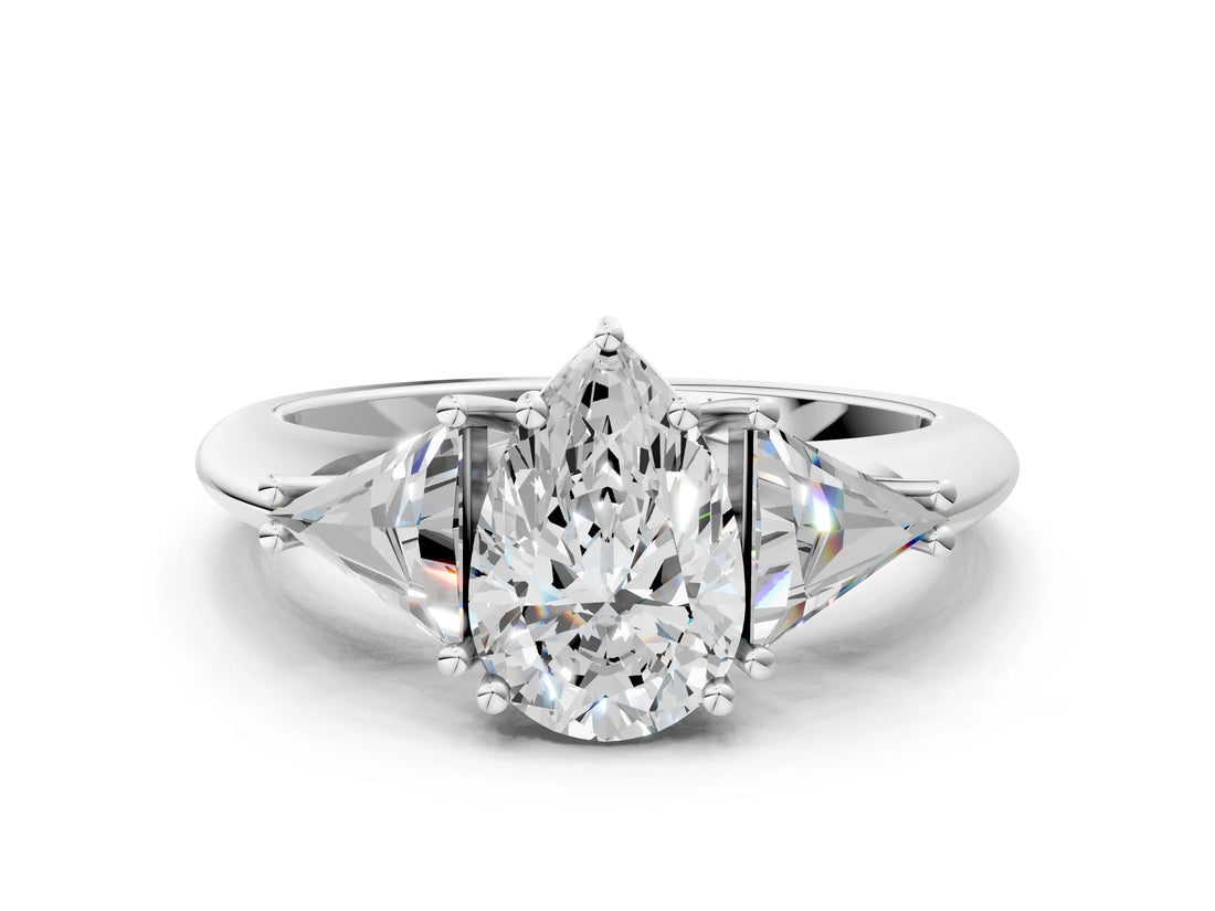 White gold Three-Stone Pear Cut Cut Diamond Ring with Trillion Side Stones and Four-Prong Setting_15