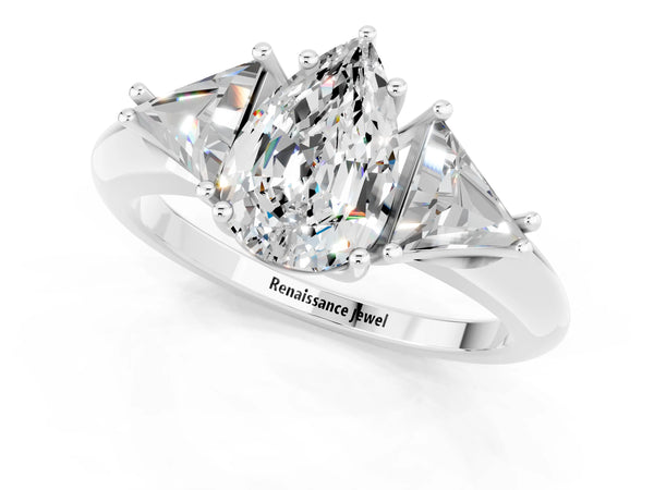 Silver Three-Stone Pear Cut Moissanite Engagement Ring with Trillion Side Stones and Prong Setting