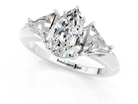 White gold Three-Stone Pear Cut Cut Diamond Ring with Trillion Side Stones and Four-Prong Setting_1
