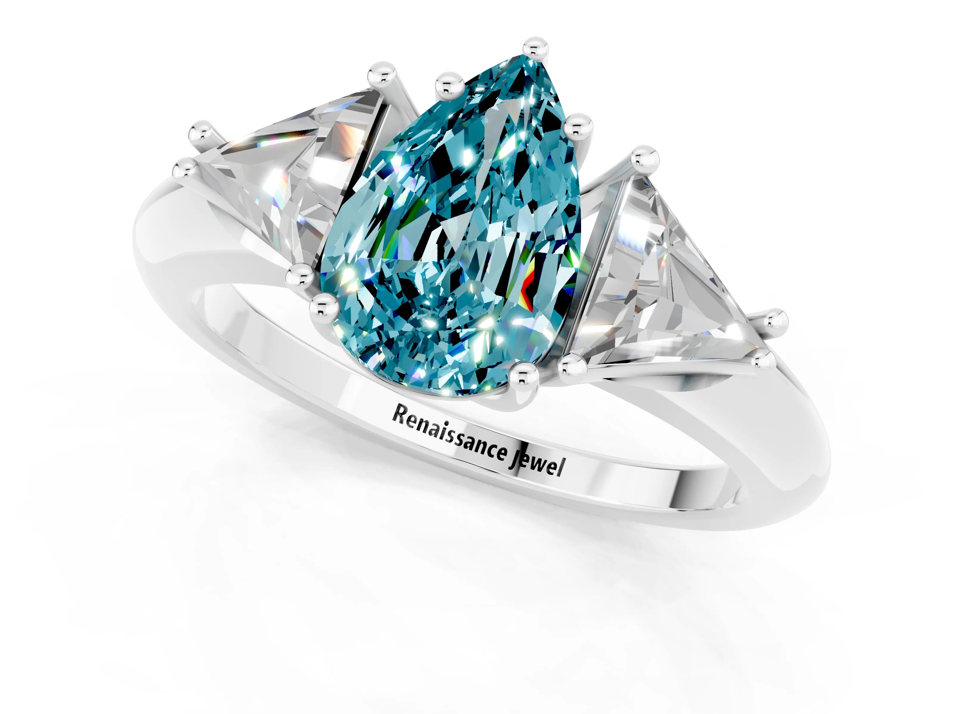 White gold Three-Stone Pear Cut Cut Diamond Ring with Trillion Side Stones and Four-Prong Setting_1