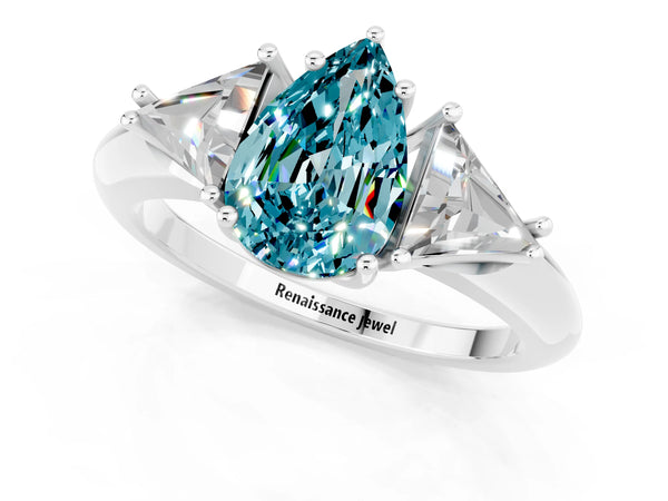 Platinum Three-Stone Pear Cut Cut Diamond Ring with Trillion Side Stones and Four-Prong Setting