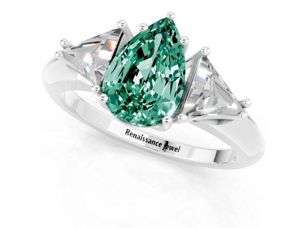 Silver Three-Stone Pear Cut Green Sapphire Engagement Ring with Trillion Side Stones and Prong Setting