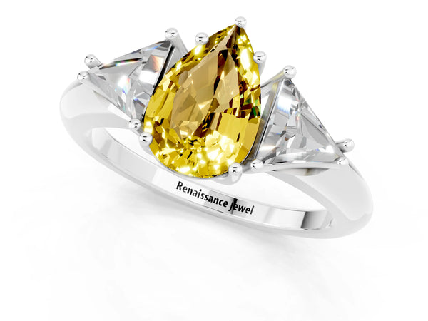 White gold Three-Stone Pear Cut Yellow Sapphire Engagement Ring with Trillion Side Stones and Prong Setting