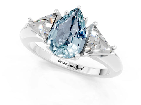 White gold Three-Stone Pear Cut Cut Diamond Ring with Trillion Side Stones and Four-Prong Setting_1