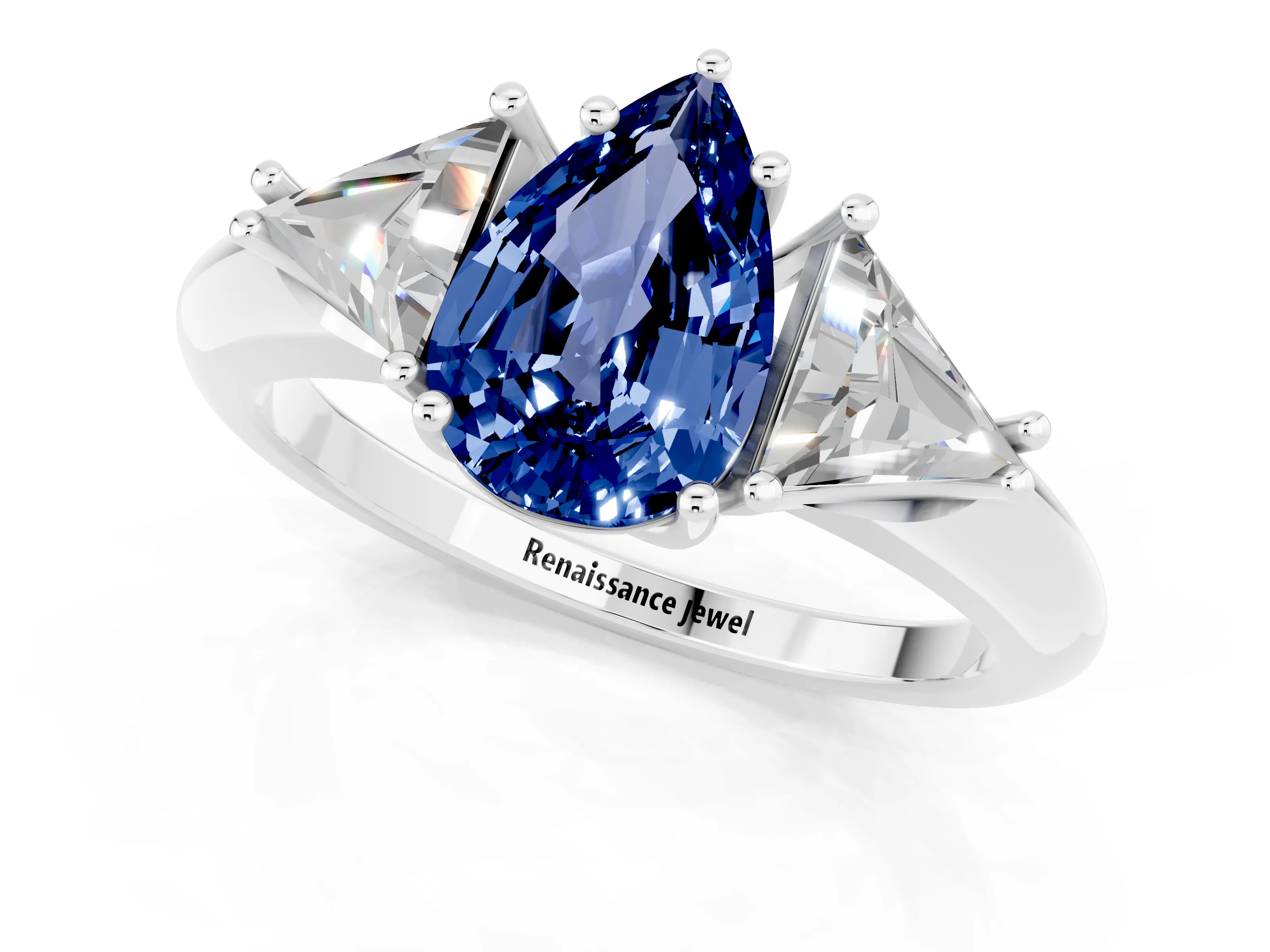 White gold Three-Stone Pear Cut Cut Diamond Ring with Trillion Side Stones and Four-Prong Setting_1