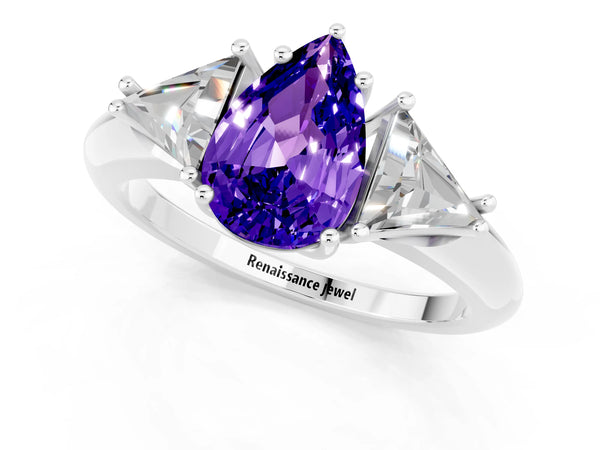 White gold Three-Stone Pear Cut Tanzanite Engagement Ring with Trillion Side Stones and Prong Setting