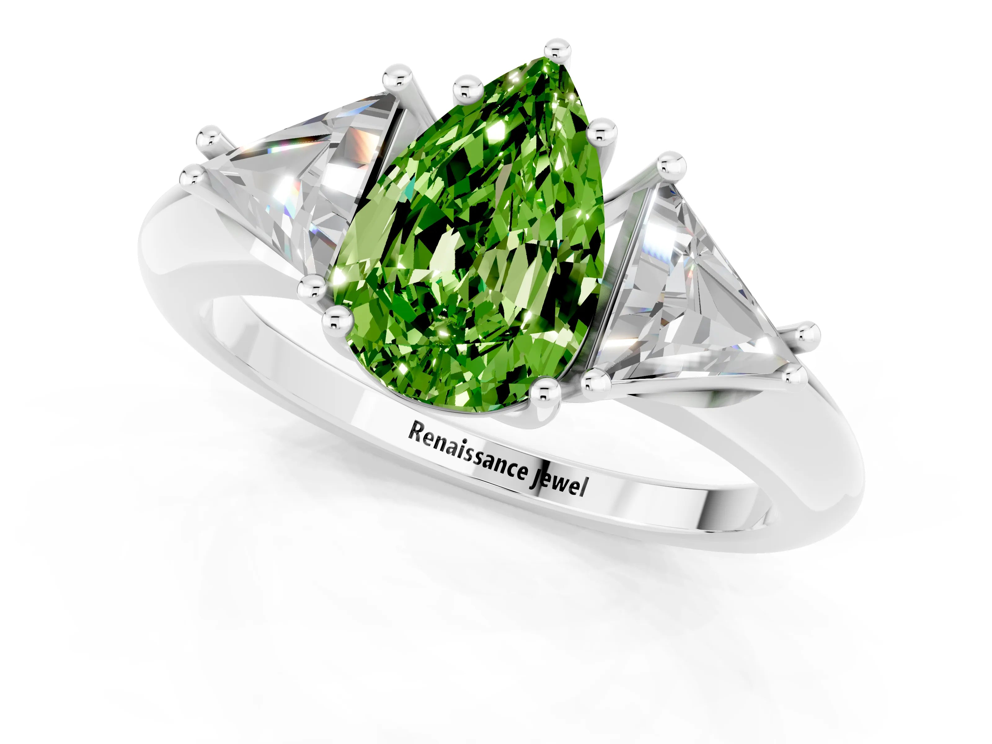 White gold Three-Stone Pear Cut Cut Diamond Ring with Trillion Side Stones and Four-Prong Setting_1
