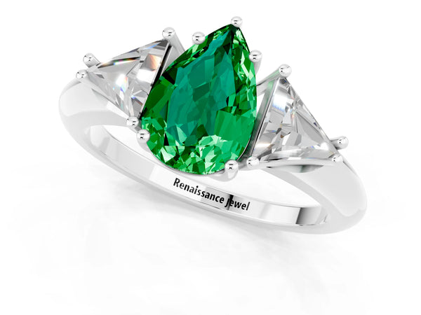 White gold Three-Stone Pear Cut Emerald Engagement Ring with Trillion Side Stones and Prong Setting