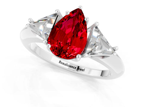 White gold Three-Stone Pear Cut Cut Diamond Ring with Trillion Side Stones and Four-Prong Setting_1