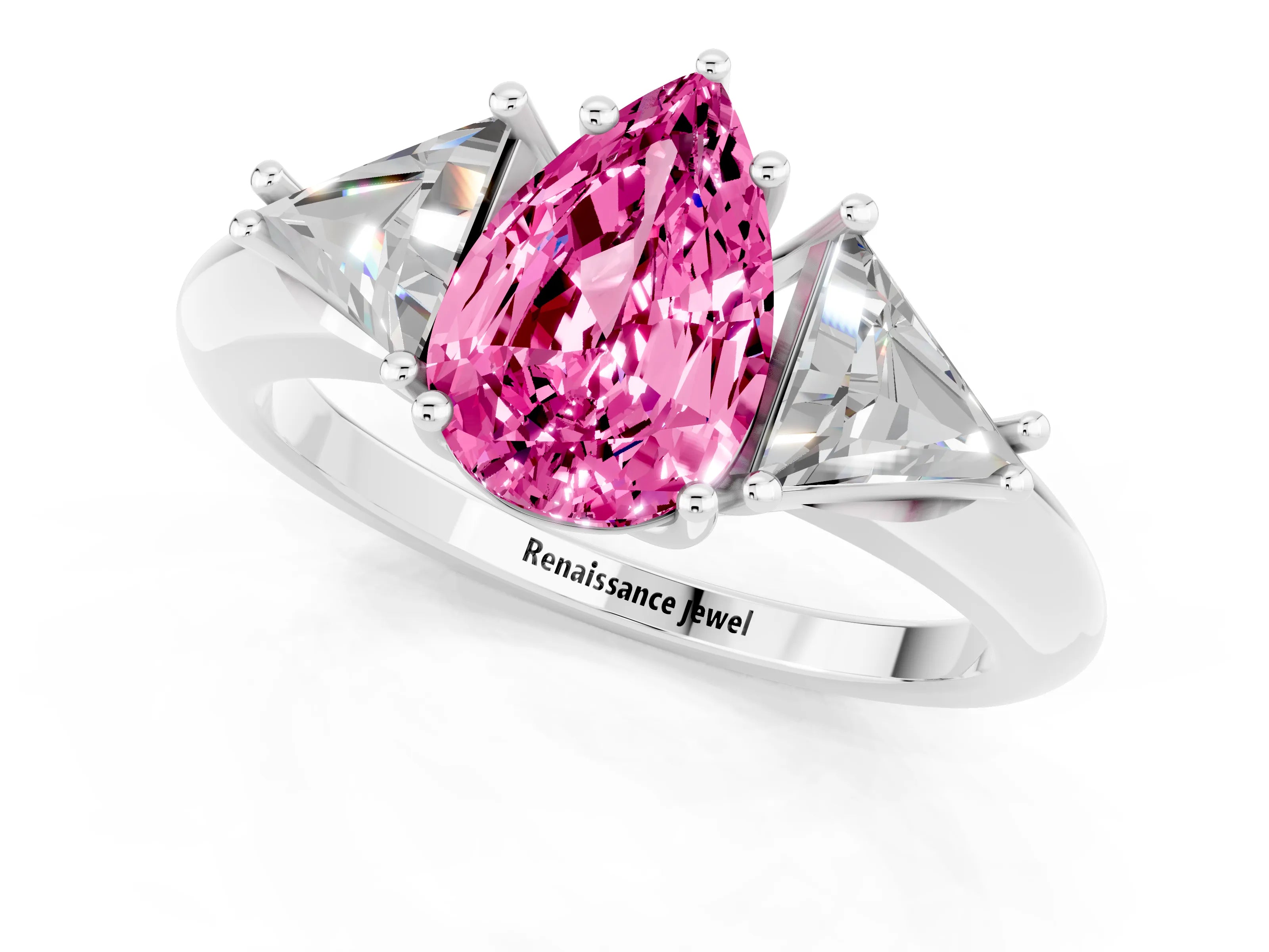 White gold Three-Stone Pear Cut Cut Diamond Ring with Trillion Side Stones and Four-Prong Setting_1