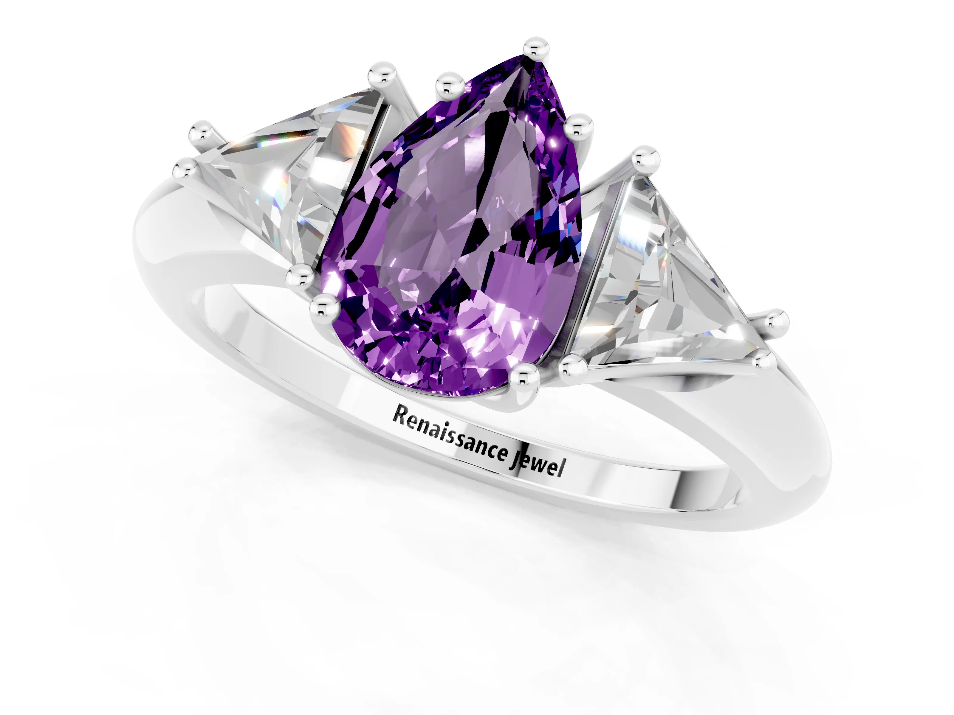 White gold Three-Stone Pear Cut Cut Diamond Ring with Trillion Side Stones and Four-Prong Setting_1