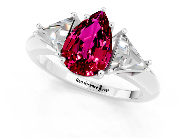 Silver Three-Stone Pear Cut Garnet Engagement Ring with Trillion Side Stones and Prong Setting