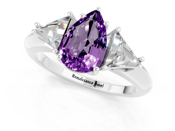 White gold Three-Stone Pear Cut Amethyst Engagement Ring with Trillion Side Stones and Prong Setting