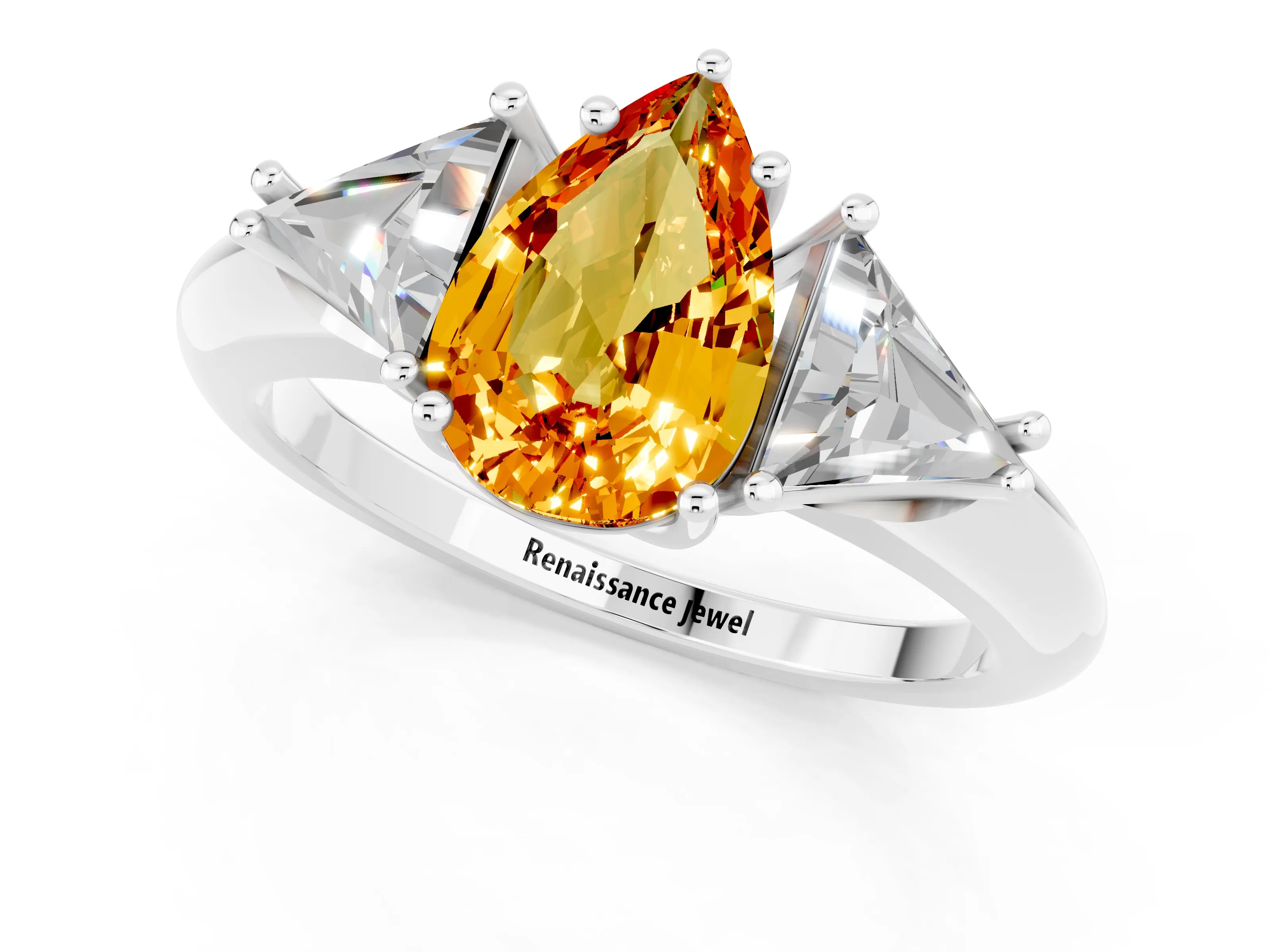 White gold Three-Stone Pear Cut Cut Diamond Ring with Trillion Side Stones and Four-Prong Setting_1