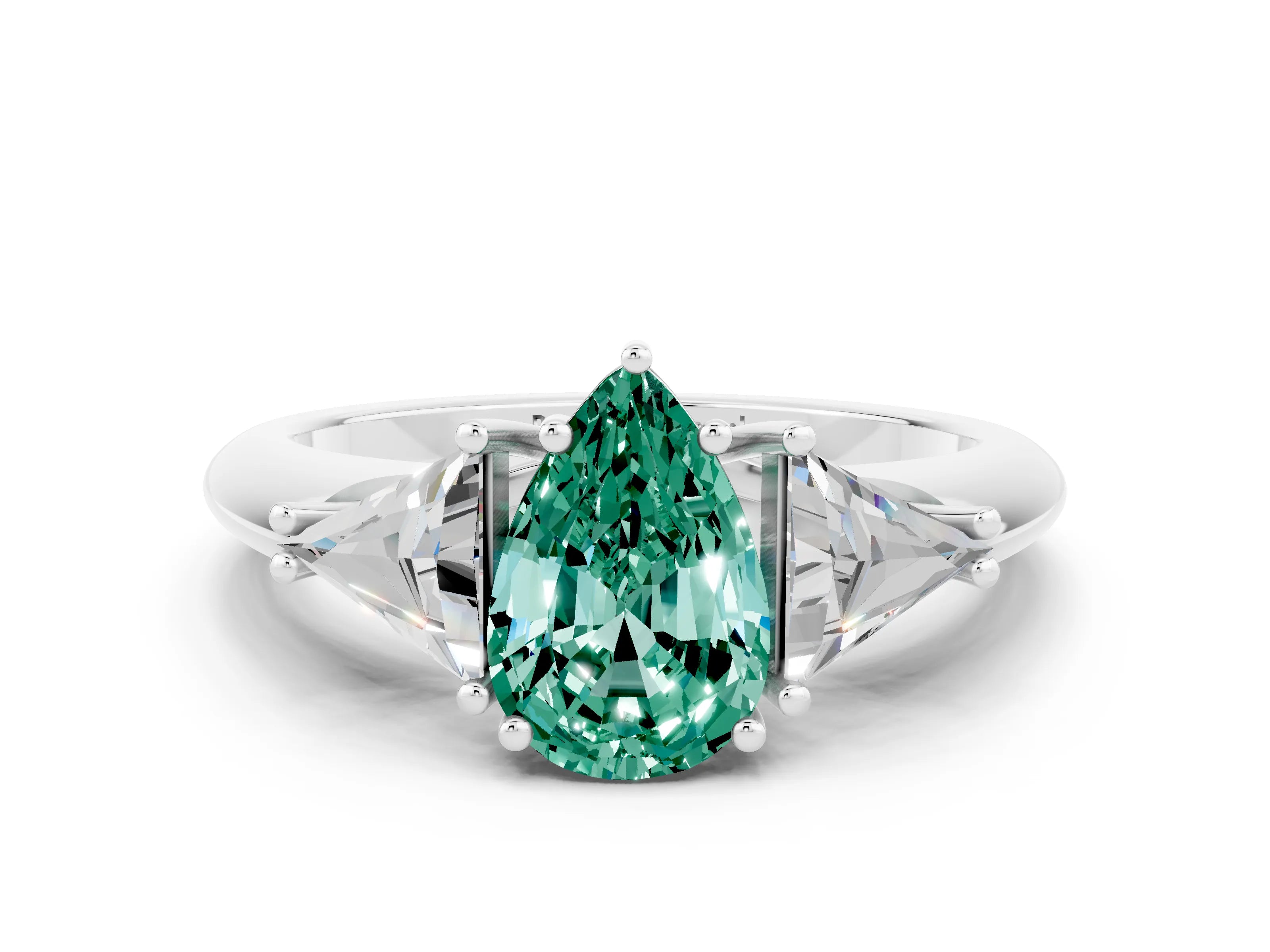White gold Three-Stone Pear Cut Cut Diamond Ring with Trillion Side Stones and Four-Prong Setting