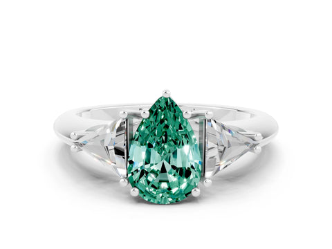White gold Three-Stone Pear Cut Cut Diamond Ring with Trillion Side Stones and Four-Prong Setting