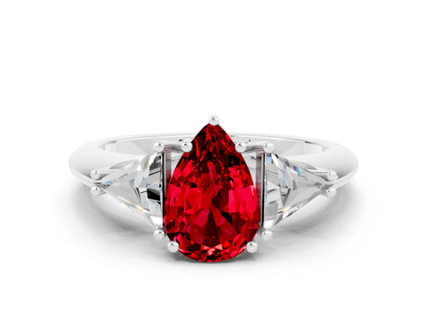 White gold Three-Stone Pear Cut Cut Diamond Ring with Trillion Side Stones and Four-Prong Setting