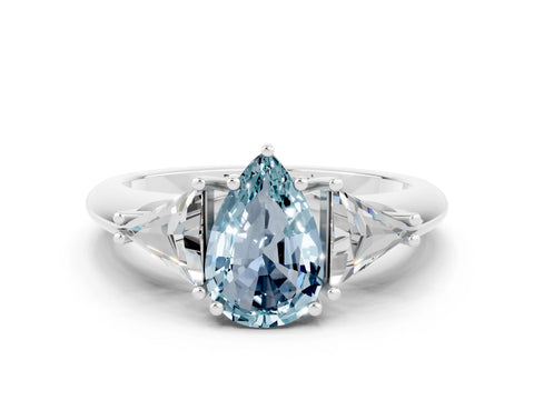 White gold Three-Stone Pear Cut Cut Diamond Ring with Trillion Side Stones and Four-Prong Setting