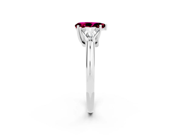 Silver Three-Stone Pear Cut Garnet Engagement Ring with Trillion Side Stones and Prong Setting
