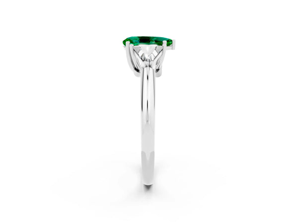 White gold Three-Stone Pear Cut Emerald Engagement Ring with Trillion Side Stones and Prong Setting