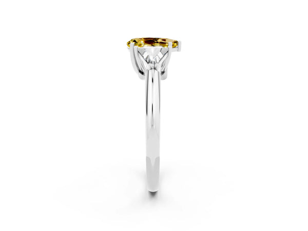 Silver Three-Stone Pear Cut Yellow Sapphire Engagement Ring with Trillion Side Stones and Prong Setting