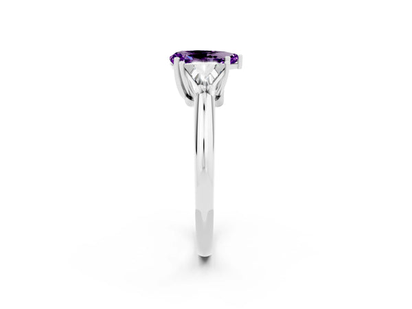 White gold Three-Stone Pear Cut Amethyst Engagement Ring with Trillion Side Stones and Prong Setting