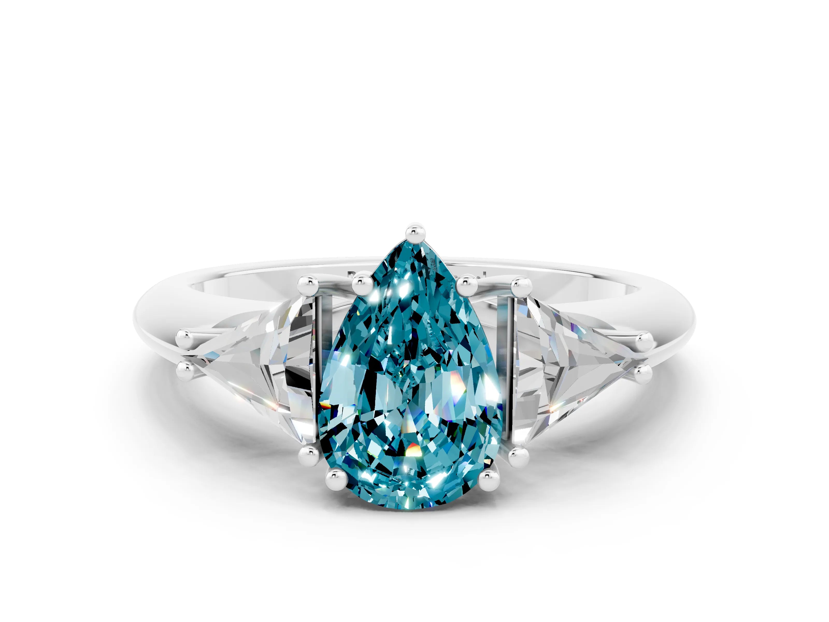 White gold Three-Stone Pear Cut Cut Diamond Ring with Trillion Side Stones and Four-Prong Setting
