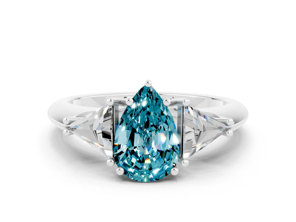 Platinum Three-Stone Pear Cut Cut Diamond Ring with Trillion Side Stones and Four-Prong Setting