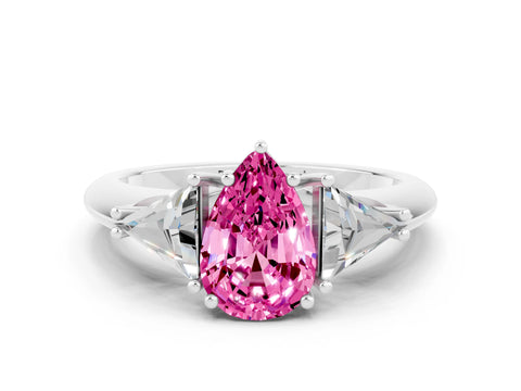 White gold Three-Stone Pear Cut Cut Diamond Ring with Trillion Side Stones and Four-Prong Setting
