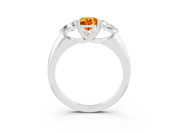 White gold Three-Stone Pear Cut Cut Diamond Ring with Trillion Side Stones and Four-Prong Setting