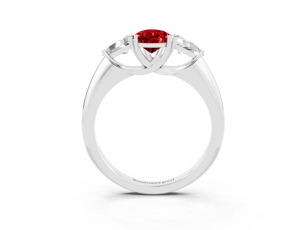 Silver Three-Stone Pear Cut Cut Diamond Ring with Trillion Side Stones and Four-Prong Setting