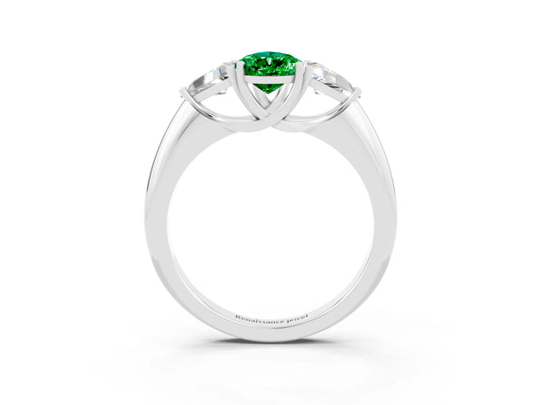 Silver Three-Stone Pear Cut Emerald Engagement Ring with Trillion Side Stones and Prong Setting