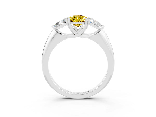 Platinum Three-Stone Pear Cut Yellow Sapphire Engagement Ring with Trillion Side Stones and Prong Setting
