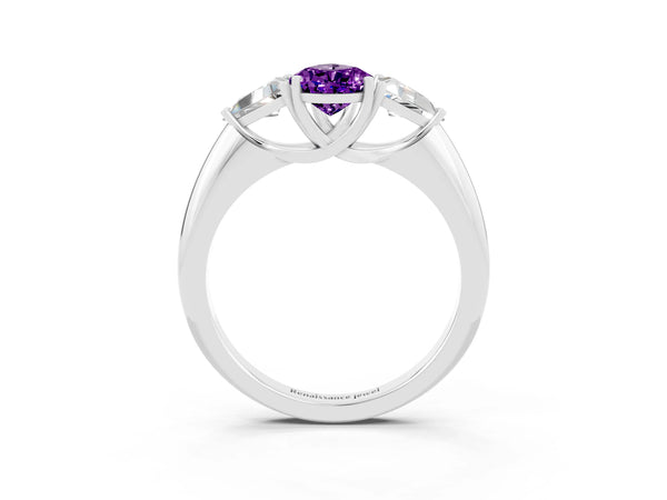 White gold Three-Stone Pear Cut Amethyst Engagement Ring with Trillion Side Stones and Prong Setting