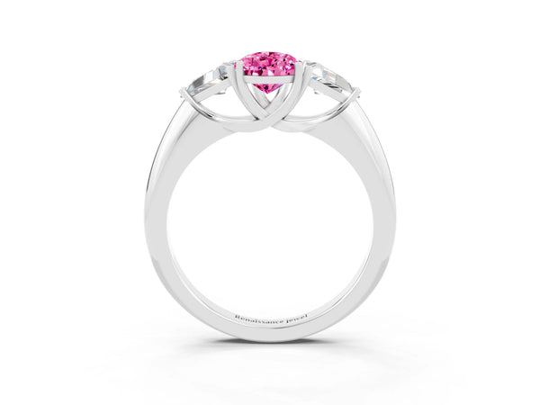 Platinum Pear-Shaped Lab-Grown Pink Sapphire Trillion Three Stone Engagement Ring