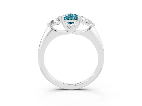 Platinum Three-Stone Pear Cut Cut Diamond Ring with Trillion Side Stones and Four-Prong Setting