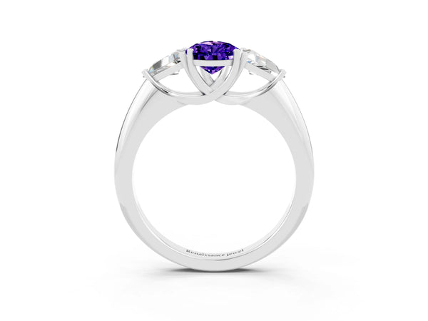 White gold Three-Stone Pear Cut Tanzanite Engagement Ring with Trillion Side Stones and Prong Setting